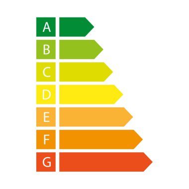 Beyaz arka planda enerji verimliliği etiketi var. Enerji tasarrufu etiketi. Enerji etiketi a, b, c, d, e, f, g. Vektör illüstrasyonu. EPS 10.