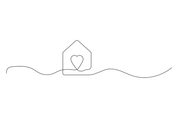 Непрерывная Одна Линия Рисующая Сердце Внутри Дома Любовь Символ Семьи — стоковый вектор