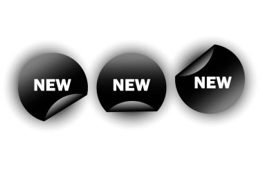 Yeni siyah işaret simgesi. Virajlı köşe. Yeni varış düğmesi sembolü. Yuvarlak çıkartmalar. Gölgeli etiketleri işaretle. Vektör çizimi. Hisse senedi. EPS 10.