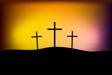 Calvary Golgotha Dağı. Üç haç. Turuncu parıltı. Vektör çizimi. Stok görüntüsü. EPS 10.