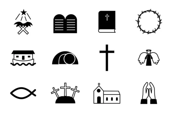 Das Christentum Bezogene Symbole Dünnen Ikonensatz Schwarz Weiß Kit Vektorillustration — Stockvektor