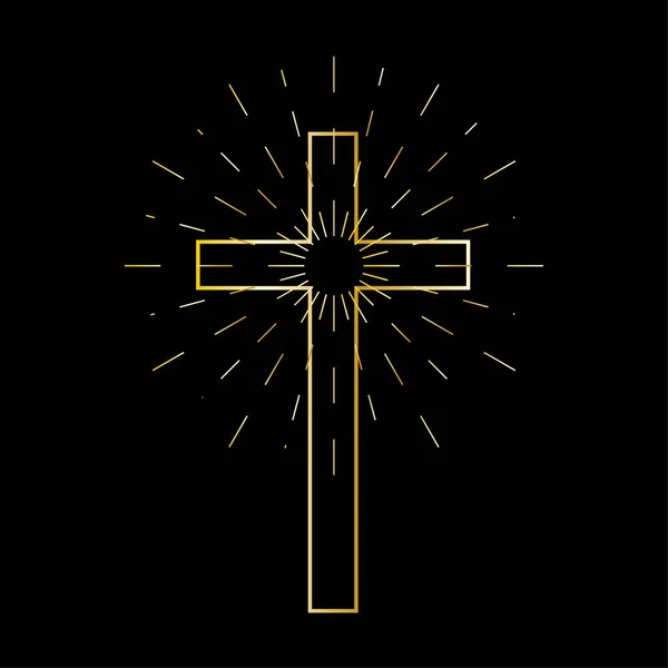 Блискучий Золотий Хрест Символ Християнства Чорний Фон Хрест Світла Символ — стоковий вектор
