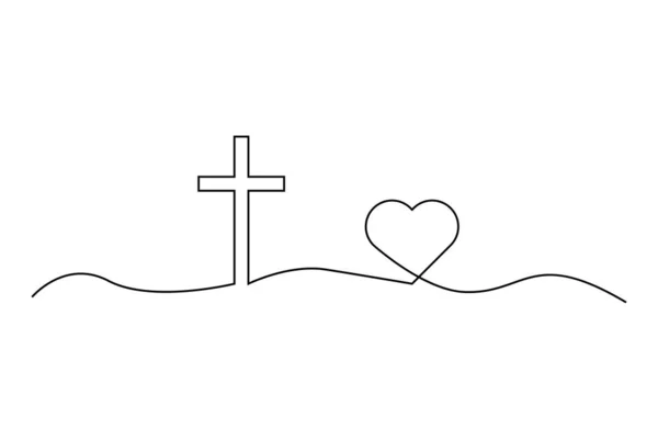 One Continuous Line Drawing Cross Christ Heart Vector Illustration Eps — Stock Vector