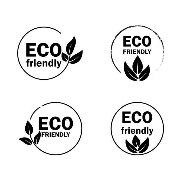 Set black eco friendly icons. Organic natural food black labels. Ecologic food black stamps. Vector illustration. EPS 10. stock image.