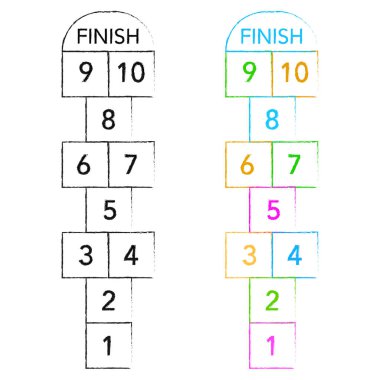 Seksek oyunu. Renkli tebeşirle çizilmiş. Vektör çizimi. EPS 10. Stok resmi.