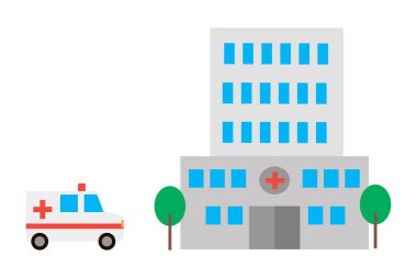 Ambulansla şehir hastanesi binası. Vektör çizimi. Stok görüntüsü. EPS 10.