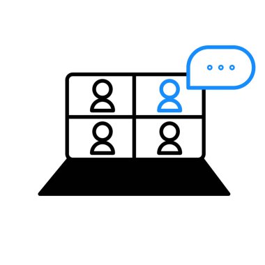 Video konferans ikonu. İnternet öğretim medyası. Bilgisayar ekranındaki insanlar. Dijital iletişim. Vektör çizimi. Stok görüntüsü. EPS 10.