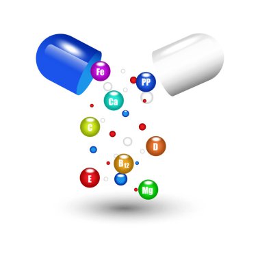 Kapsül vitaminlerini aç. Bilim doktoru konsepti. Vektör çizimi. EPS 10. Stok resmi.