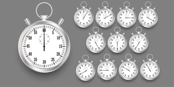 Realistyczny Klasyczny Stoper Licznik Czasu Wybieraniem Błyszczący Metalowy Chronometr Odliczanie — Wektor stockowy