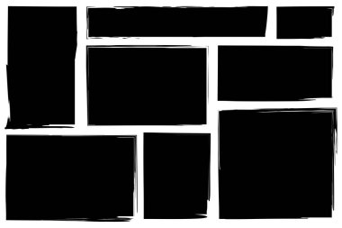 Grunge tarzında tasarlanmak için kirli çerçeveler. Kare ya da dikdörtgen şeklindeki bir dizi tehlike dokusu. Mürekkep fırçası darbeleri. Vektör çizimi. EPS 10. Resim yükle.