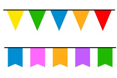 Bayraklı karnaval çelengi. Festival ve güzel dekorasyon. Doğum günü kutlaması için dekoratif renkli parti flamaları. Vektör çizimi. EPS 10. Resim yükle.