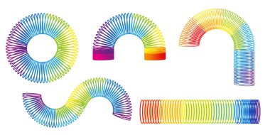 Gökkuşağı spiral yay oyuncağı. Renkli plastik çocuk oyuncağı. Çocuklar sihirli yaylı yay. Vektör çizimi. Eps 10. Resim yükle.