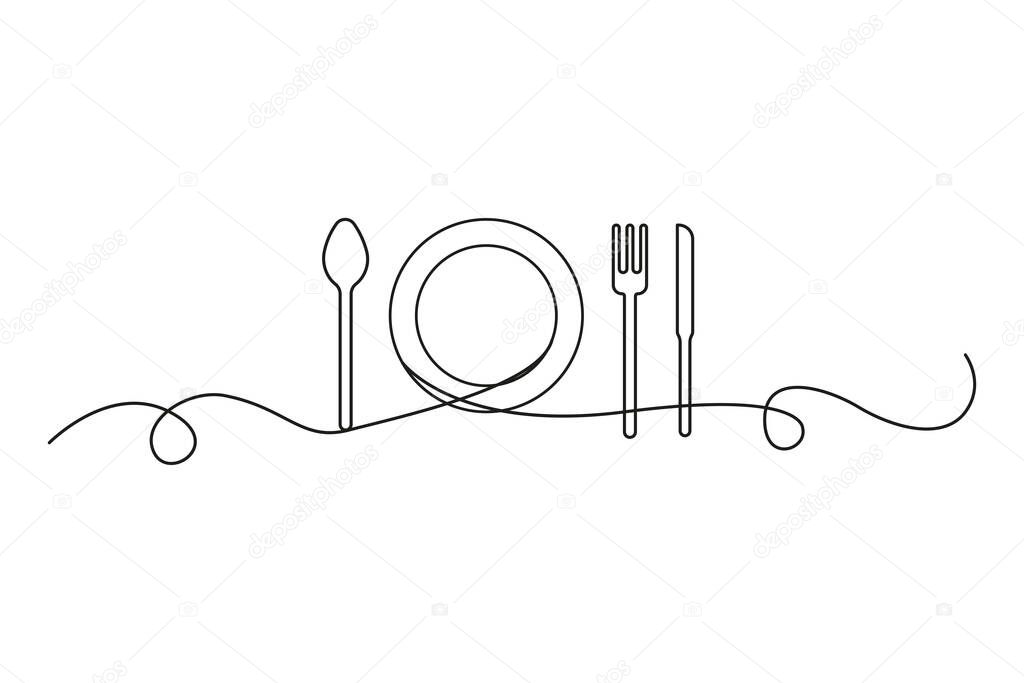 One continuous line of plate, knife, spoon and fork. Vector illustration. EPS 10. Stock image.