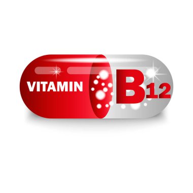 Kırmızı kapsülde B12 vitamini. Sağlık hapı. Vektör çizimi. EPS 10. Resim yükle.