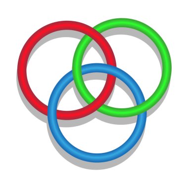 Ödünç yüzükler. Üç basit kapalı viraj. Üç renkli kesişen daire, halkalar. Vektör çizimi. EPS 10. Resim yükle.
