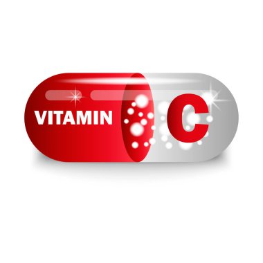 Kırmızı kapsülde C vitamini. Sağlık hapı. Vektör çizimi. EPS 10. Resim yükle.