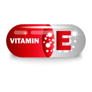 Kırmızı kapsülde E vitamini. Sağlık hapı. Vektör çizimi. EPS 10. Resim yükle.