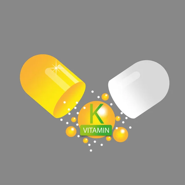 Vitamin K in open yellow capsule. Health pill. Vector illustration. EPS 10. Stock image.