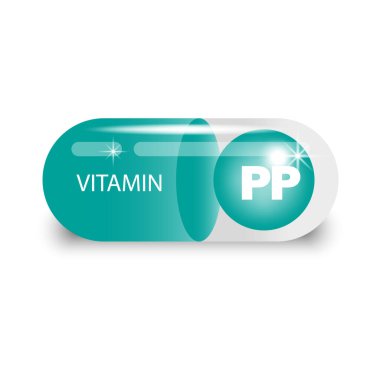 Yeşil kapsülde PP vitamini. Sağlık hapı. Vektör çizimi. EPS 10. Resim yükle.