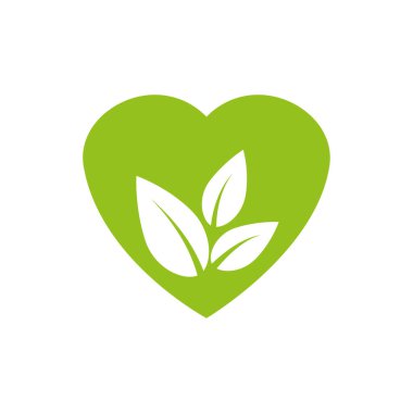 Kalp şeklinde ve yaprakları olan yeşil bir ikon. Eko ve vejetaryen ürünler için kullanılabilir. Bitkisel sağlık hizmeti ya da doğa bakım logosu. Vektör çizimi. EPS 10. Resim yükle.
