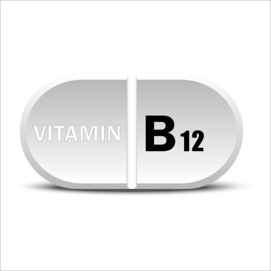 B12 vitamini beyaz simgesi. Vitamin damlası hap kapsülü ikonu. Vektör çizimi. EPS10. Resim yükle.