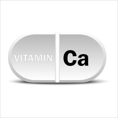 Beyaz Ca vitamini ikonu. Vitamin damlası hap kapsülü ikonu. Vektör çizimi. EPS10. Resim yükle.