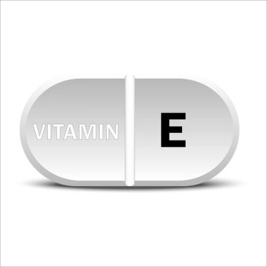 E vitamini beyaz simgesi. Vitamin damlası hap kapsülü ikonu. Vektör çizimi. EPS10. Resim yükle.