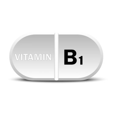 B1 vitamini beyaz simgesi. Vitamin damlası hap kapsülü ikonu. Vektör çizimi. EPS10. Resim yükle.
