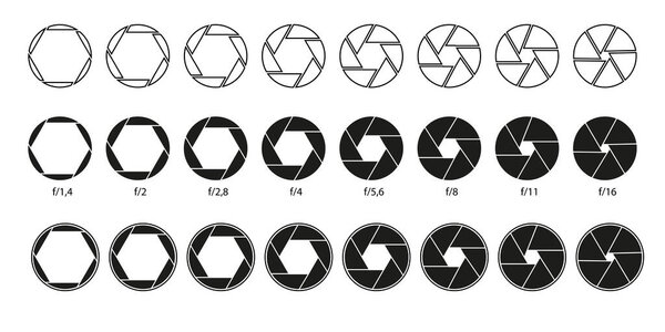 Набор значков затвора черной камеры. Диафрагма объектива камеры. Векторная иллюстрация. EPS 10. Изображение.