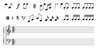 Müzik notaları olan bir müzik sayfası. Müzik sayfası. Müzik seti. Müzik notası, çalışanlar. Vektör çizimi. EPS 10. Resim yükle.