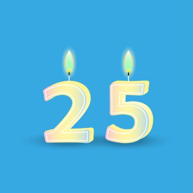 Yirmibeş numaralı doğum günü. Ateşli mum. 3D numara 25. Vektör çizimi. EPS 10. Resim yükle.