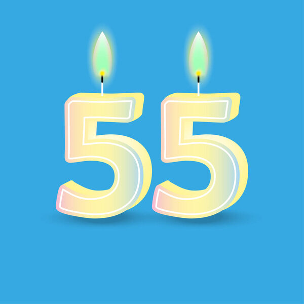 Birthday number fifty five, candle with fire. 3D number 55. Vector illustration. EPS 10. Stock image.