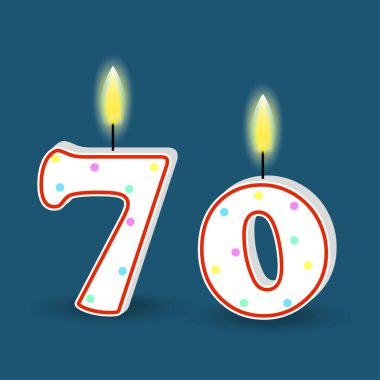 Yetmiş numaralı doğum günü. Ateşli mum. Üç boyutlu numara 70. Vektör çizimi. EPS 10. Resim yükle.