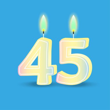 Kırk beş numaralı doğum günü. Ateşli mum. 3 boyutlu numara 45. Vektör çizimi. EPS 10. Resim yükle.