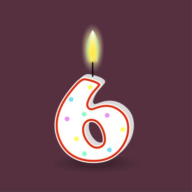 Altıncı doğum günü, ateşle yanan mum. 3 boyutlu 6 numara. Vektör çizimi. EPS 10. Resim yükle.