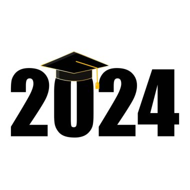 2024 mezuniyet konsepti. Rakamlar üzerinde mortarboard. Kutlama akademik tasarımı. Vektör çizimi. EPS 10. Resim yükle