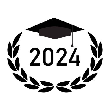 Laurel çelengi, mezunların klasik bir sembolü olan 2024 mezuniyet şapkası ile çevrili. Vektör çizimi. EPS 10. Resim yükle.