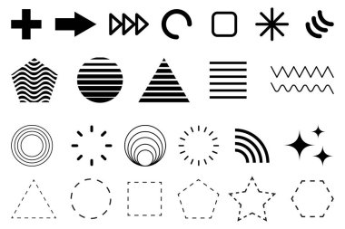 Dinamik geometrik simgeler. Evrensel semboller dizildi. Soyut elementler toplanır. Vektör çizimi. EPS 10. Resim yükle.
