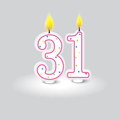 Celebratory number 31 candles. Birthday age decoration. Anniversary numeral lights. Festive cake topper. Vector illustration. EPS 10. Stock image. clipart
