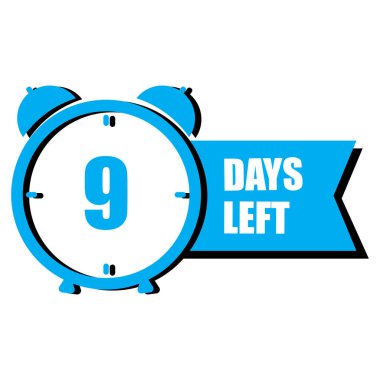 Mavi çalar saat. Bildirimin bitmesine dokuz gün kaldı. Geri sayım pankartı tasarımı. Zaman yönetimi konsepti. Vektör çizimi. EPS 10. Resim yükle.