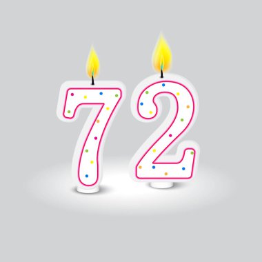 Doğum günü mumları. Yetmiş iki kutlama. Renkli noktalı tasarım. Gri arka plan vektörü. EPS 10.