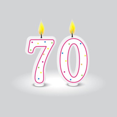 Doğum günü mumları. Yetmiş kutlama. Parlak benekli noktalar. Vektör alevi parlıyor. EPS 10.