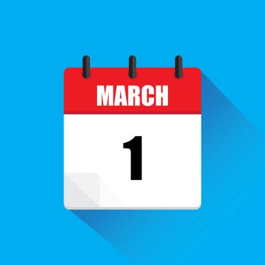 1 Mart takvimi. Kırmızı ve beyaz. Mavi arka plan. Vektör çizimi. EPS 10.