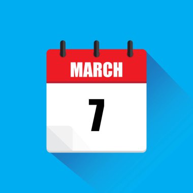 Mart takvim simgesi. Yedinci tarih işaretlendi. Kırmızı ve beyaz renkler. Vektör çizimi. EPS 10.