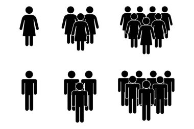 Bir grup insan ikonu. Siyah siluet figürler. Çeşitli grup boyutlarında. Basit vektör tasarımı. EPS 10.