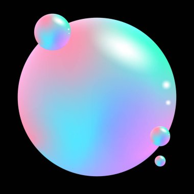 Renkli sabun köpüğü. Pastel gradyan etkisi. Çoklu kabarcıklar. Siyah arka plan. EPS 10.