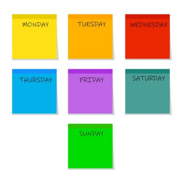 Renkli bir hafta planlayıcısı. Haftanın günleri. Yapışkan not tasarımı. Parlak vektör düzeni. EPS 10.