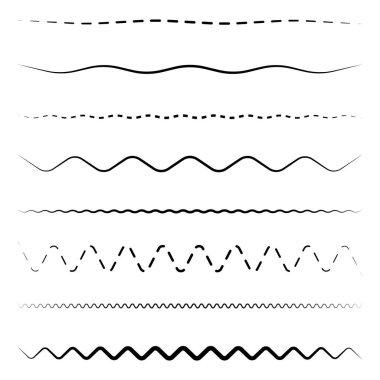 Dalga çizgisi desenleri. Çeşitli siyah vuruşlar. Basit ve çarpık. Kusursuz yatay. EPS 10.