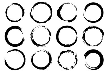 Bir dizi siyah fırça çemberi. Çeşitli sanatsal daire tasarımları. Grunge ve soyut vektör. Dekorasyon için mükemmel. EPS 10.