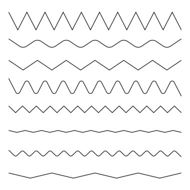 Zigzag koleksiyonu. Dalgalı ve kıvrımlı desenler. Basit siyah vuruşlar. Kusursuz yatay. EPS 10.